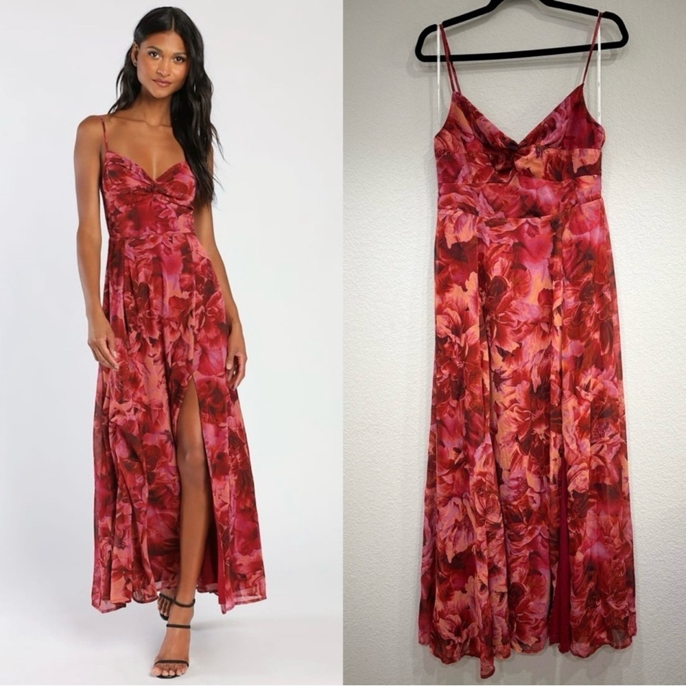 Lulu's Red Floral Maxi Dress with Pink Accents